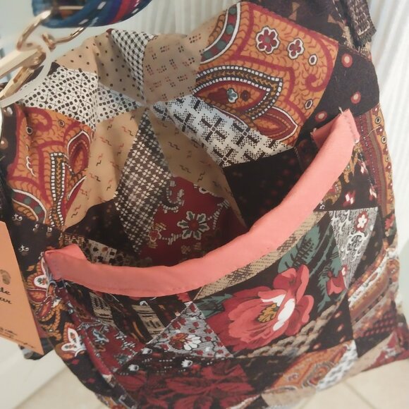 3281 Handmade Quilted Crossbody Bag with Guitar Strap. In Orange and Brown Color - Picture 7 of 8